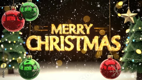 Merry Christmas Festive Greeting with Ornaments and Trees.