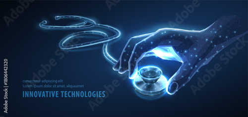 Digital hand with stethoscope. Medical tool, doctor checkup, AI in medicine, medic technology, online doctor, equipment innovation, background healthcare, medicine cardiologist, online clinic concept
