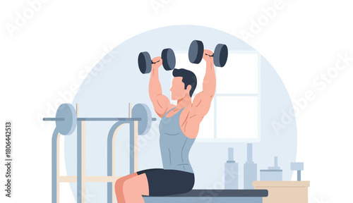 Strong man lifting dumbbells sitting in gym on white background vector