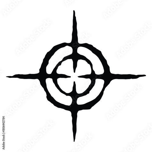 Hand-drawn black ink brushstroke symbol of a mystical star or occult sigil. Abstract grunge compass rose isolated on white