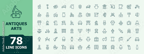 Antiques vector line icon set. Art simple icon set. Minimal linear icons. Pack of old, exhibit, museum, historical, archaeologic, antiquity and more. Vector illustration in modern line style.