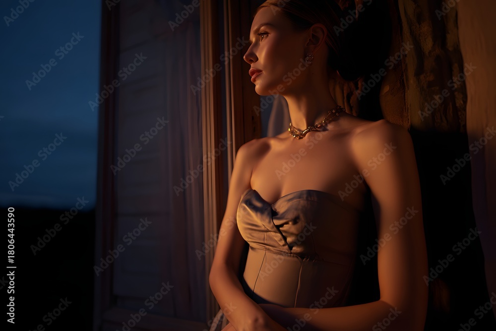 Naklejka premium Elegant woman gazing out the window during twilight hours in her fancy dress