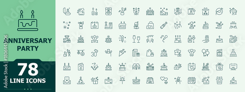 Anniversary Party line icon set. Minimal thin line web icons set. Related to fun, present, festival, happy, surprise, holiday. Signs for web and mobile app. Celebrate icon set.