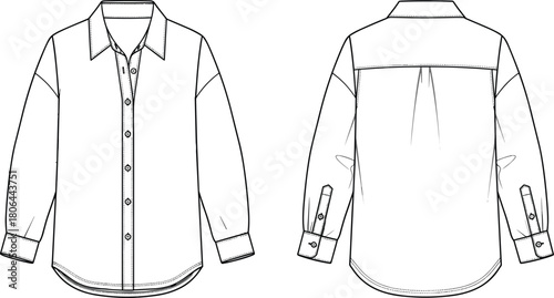 Oversized long sleeve shirt technical fashion illustration, front and back view, CAD drawing flat vector illustration.