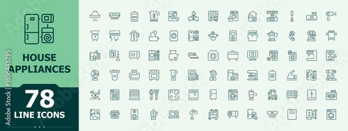 Set of House Appliances line icon. Included washer, wash, household appliances, appliance, house, dishwasher, cook. Modern vector UI icons. Washer icon set. Vector illustration.