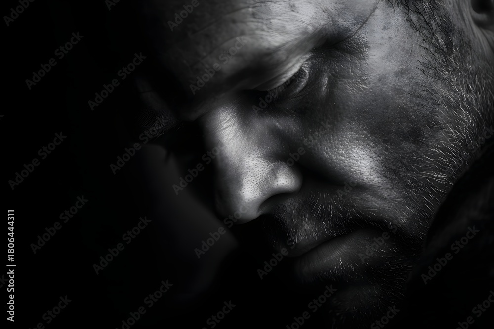 Obraz premium Dramatic close up of a man's face in black and white with a somber expression