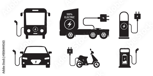 Set of various electric transport and charging station. Black auto, bike, truck and public transport icons. Hybrid vehicles charging point, eco friendly vehicle. Zero waste