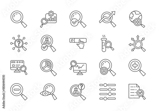 Search thin line icon set. Containing find, seo, explore, investigate, search employee, search bar, research, look for. Vector illustration