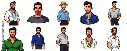 A collection of illustrated portraits of diverse men, each with unique clothing and expressions, showcasing various styles and appearances on a white background.