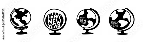 Global new year celebration icons, multiple world globes vector set