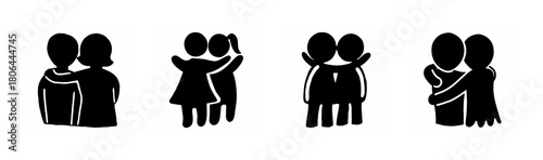 Icons of diverse pairs embracing, symbolizing connection, love, and support.