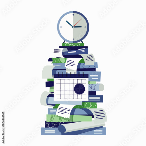 An illustrated depiction of financial documents, currency, and a clock, symbolizing the passage of time and the importance of fiscal management.