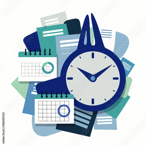 A stylized illustration depicts a clock, calendars, and documents, symbolizing time management, deadlines, and project planning in a modern business environment.