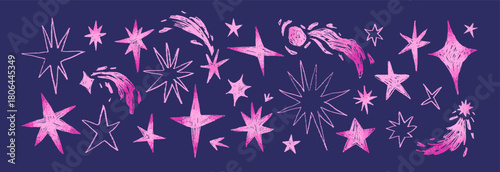 Doodle set of shooting stars. Sketches of sparks, meteorites and comets in kids' style. Chalk scribbles of space with meteors. Grunge wall art of cosmos. Hand drawn isolated vector illustrations