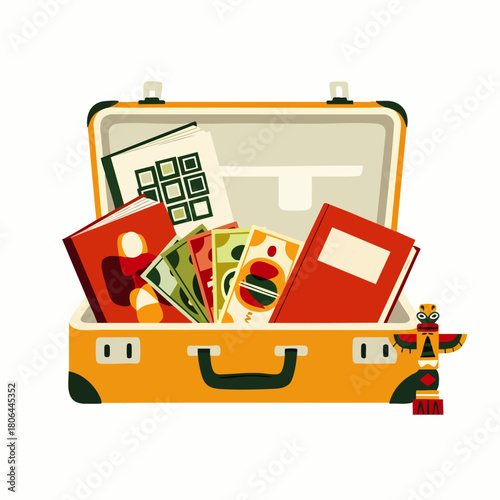 An open suitcase overflowing with travel essentials, including books, money, and a totem pole, suggesting a journey or vacation adventure.