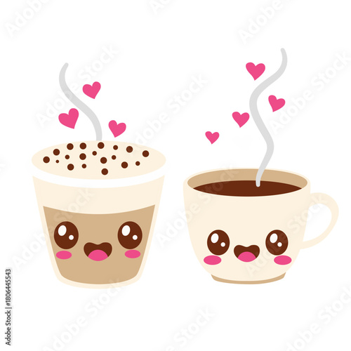 Two steaming coffee cups with hearts icon, perfect for couples, date ideas, or illustrating shared love and sweet moments together.
