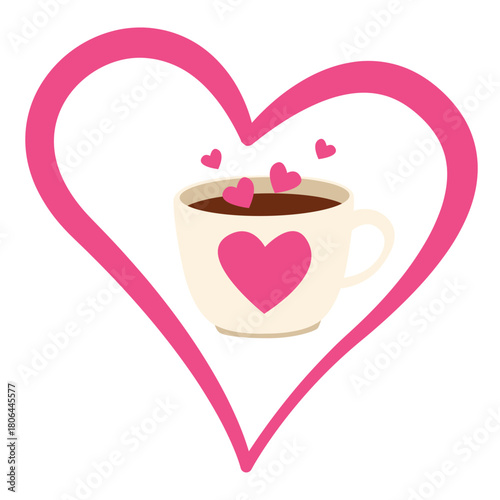 Heart-shaped frame with coffee cup icon, perfect for Valentine’s cards, social posts, or illustrating love wrapped in sweetness.