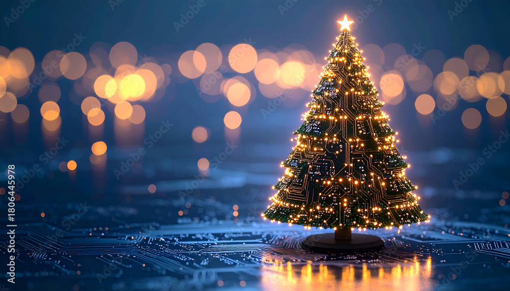 custom made wallpaper toronto digitalClose-up of a Christmas tree made from circuit boards with warm white lights and decorated with colorful ornaments and tinsel. Perfect for holiday, celebration, and technology themes.