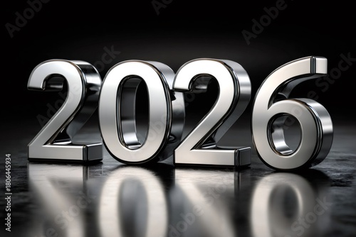 Silver 2026 year number reflecting on dark surface