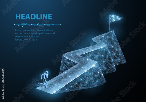 Man runs up the digital mountain or way to top. Growth opportunity, Dream career, Goal achievement, Leadership success , Ambition rise, Financial success, Competition strategy, mountain concept

