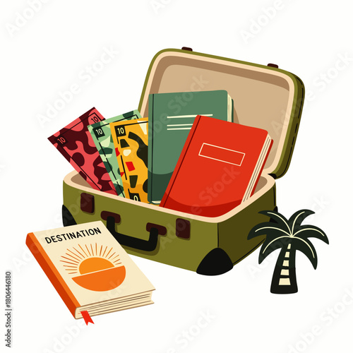 An open suitcase filled with travel essentials like money, books, and a palm tree, ready for a vacation adventure, isolated on white.