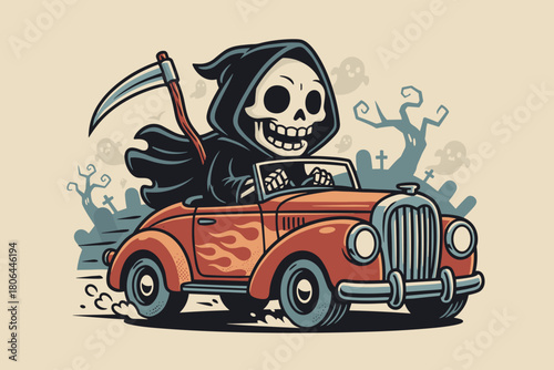 Grim Reaper Driving A Vintage Convertible Car.