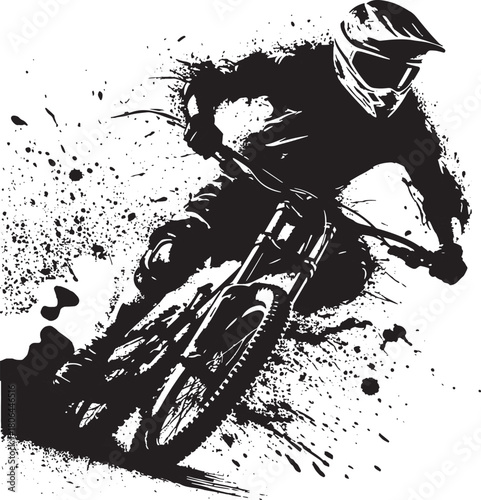  A high-contrast black and white action shot of a motocross or mountain bike rider leaning into a sharp turn, with splatter and spray effects creating a dramatic