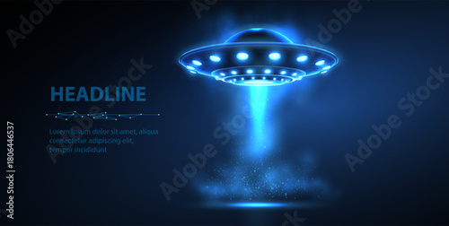 UFO hovering against a blue background. Galaxy exploration, Extraterrestrial civilization, Flying saucer, UFO sighting, Futuristic spacecraft, Science fiction concept

