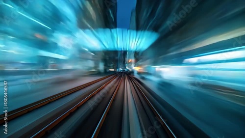 Dynamic urban night train journey through blurred city lights and abstract motion, 4k high quality footage