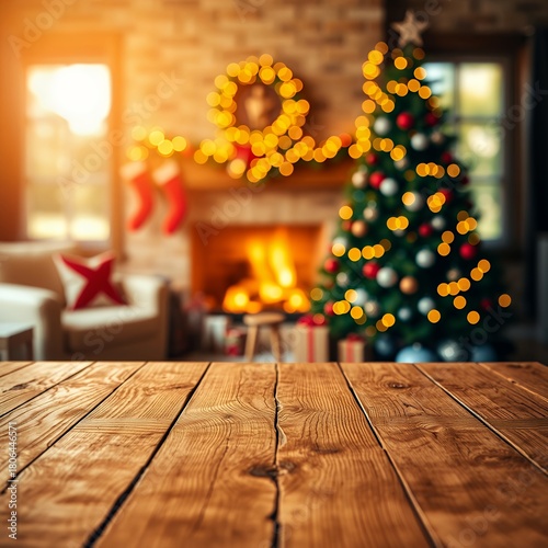 Empty wooden table displays warm living room decor christmas tree fireplace in blurry background with bokeh lights create festive holiday mood great mock up for product display ideal for christmas bac