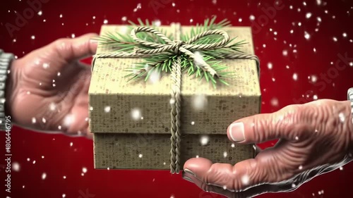 Close up of hands exchanging a Christmas gift box with snow falling.
