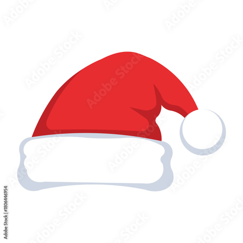 Traditional, brightly colored Santa Claus hat illustration in classic red felt with a thick white fur trim and a large white pom-pom on the tip. Isolated vector graphic on a white background, perfect 