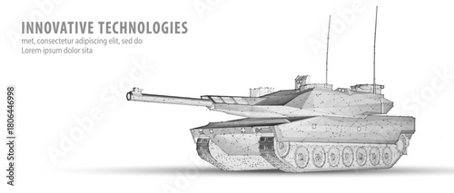 Modern tank on blue. Military technology, Autonomous weapons, Defence vehicle, Chobham Armor of tank, Artillery support, Combat vehicle, Active Protection, Military machine innovation concept.

