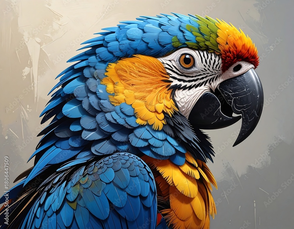 Fototapeta premium A vibrant, colorful parrot, head and shoulders, on a neutral backdrop