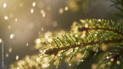 Close-up of a Christmas tree branch with sparkling bokeh lights.
