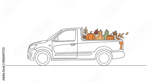 Pickup truck illustration loaded with pumpkins and autumn leaves on a white background
