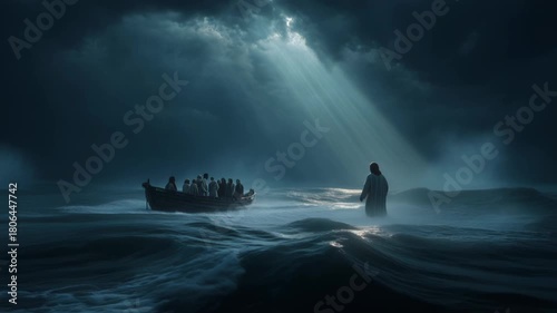 Walking on water at night with Jesus and the disciples during a storm in a small boat