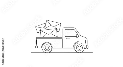 Pickup truck illustration carrying letters and envelopes on a white background