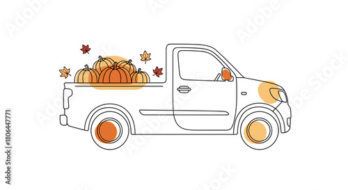 Pickup truck illustration loaded with pumpkins and autumn leaves on a white background
