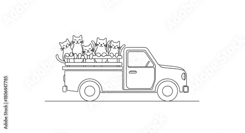 Pickup truck illustration filled with adorable cats on a white background