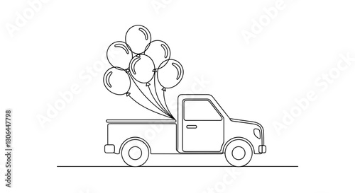 Pickup truck illustration with  balloons in the back on a white background