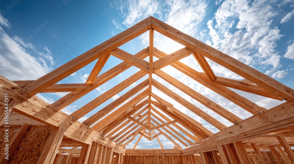Obraz premium Wooden roof structure of a new home under construction against a blue sky