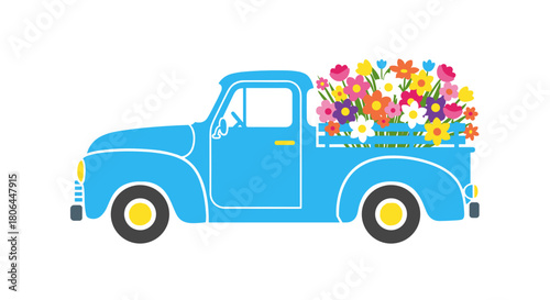 Colorful pickup truck illustration loaded with flowers on a white background