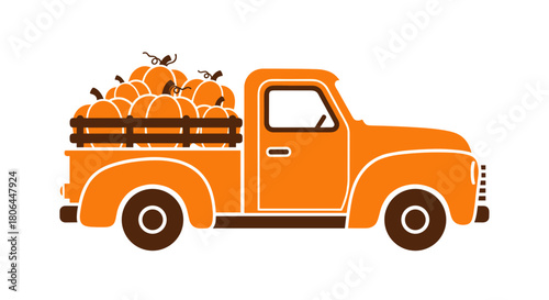 Bright orange pickup truck illustration loaded with pumpkins on a white background