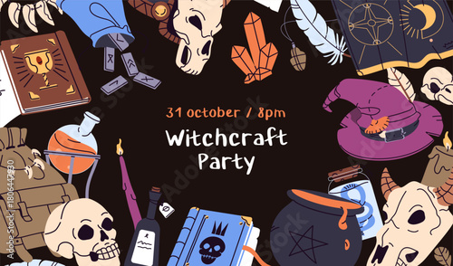 Design of Halloween event poster. Helloween party advertising template with magic items. Card layout with witchcraft and sorcery elements: witch cauldron, wizard pointed hat. Flat vector illustration