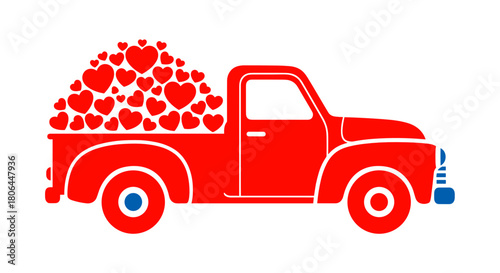Bright red pickup truck illustration filled with hearts on a white background