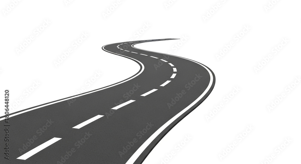 Obraz premium Long Winding Road 3D Render: Journey, Path, and Direction GraphicAsphalt Highway with Cracks: Difficult Journey and Challenge ConceptCurvy Road Design Element: Travel, Transportation, and Future 