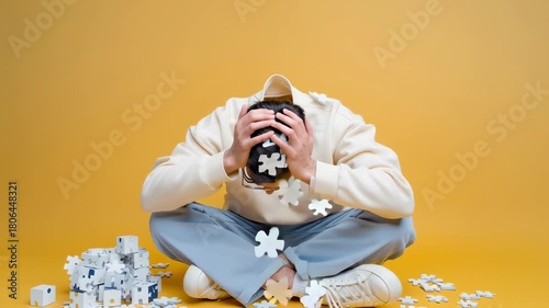 Person in bright clothing sits on a yellow background surrounded by disassembled white cubes — emotion of bewilderment and playful deconstructive props.