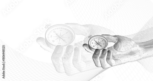 Compass in digital hand. business strategic explorer, Vision crisis, Mission path, Agency creative, Digital strategy, Market decision, Achievement strategy, Financial stock, Company vision concepts

