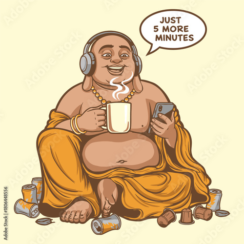 Modern Buddha Procrastination Coffee, Phone, and Headphones Vector Art